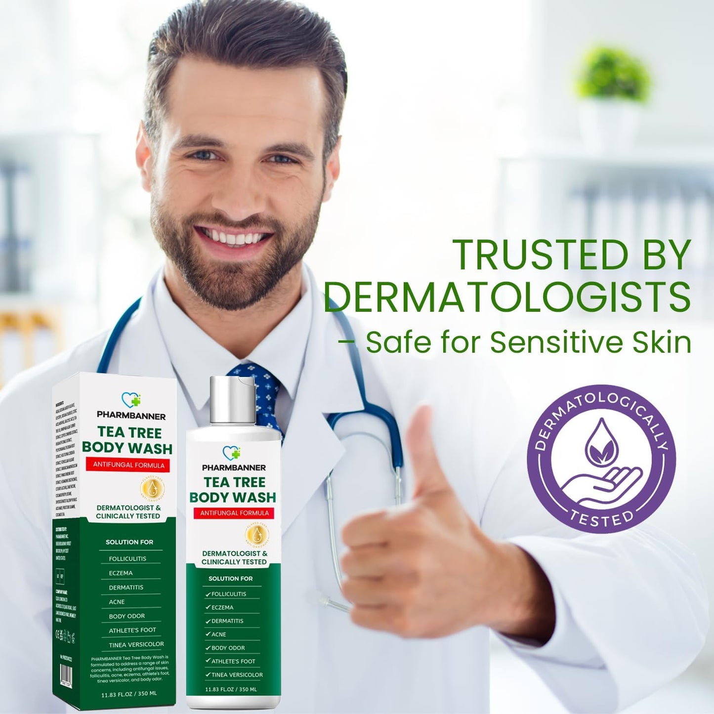 PHARMBANNER Tea Tree Antifungal Body Wash – Soothes Folliculitis, Acne, Jock Itch, Athlete’s Foot, Ringworm, Tinea Versicolor, Body Odor, Eczema & Dermatitis-Prone Skin