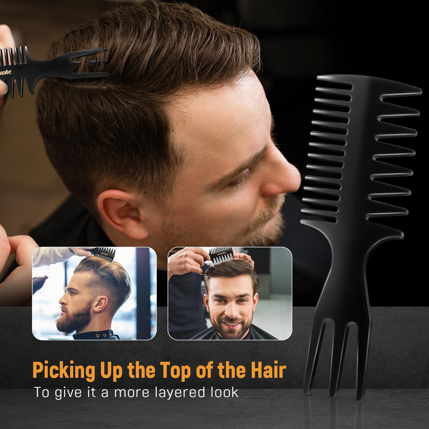 Stylemate 3Pcs Hair Styling Combs Set for Men, Black Barber Wide Tooth Texture Comb for Quiff, Pompadour, Slick Back, Fauxhawk, Undercut