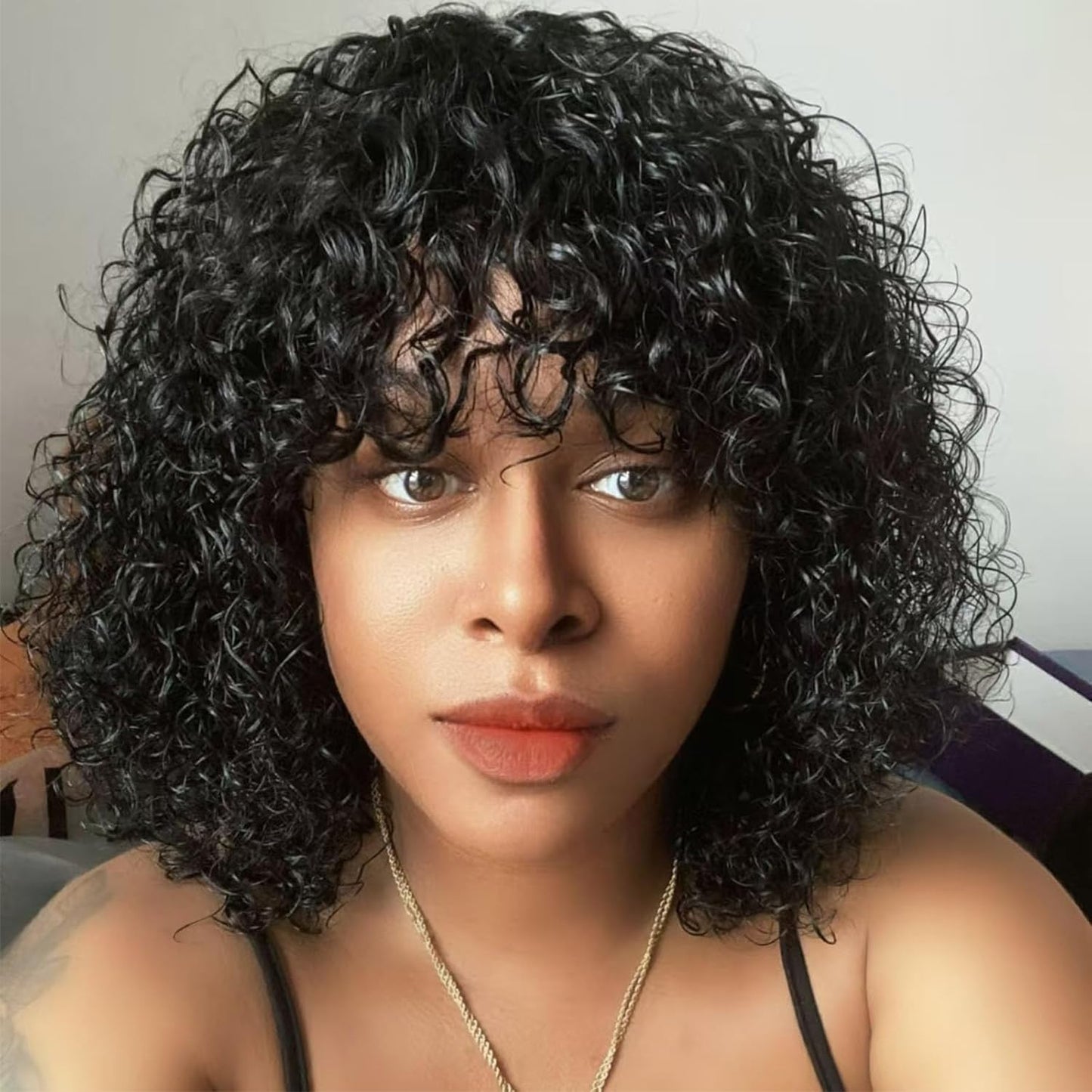 Short Curly Human Hair Wig with Bangs Short Curly Bob Wig Human Hair with Bangs Water Wave Glueless Bob Wig Wear and Go No Lace 180% Density Brazilian Virgin Human Hair Natural Black 12 Inch