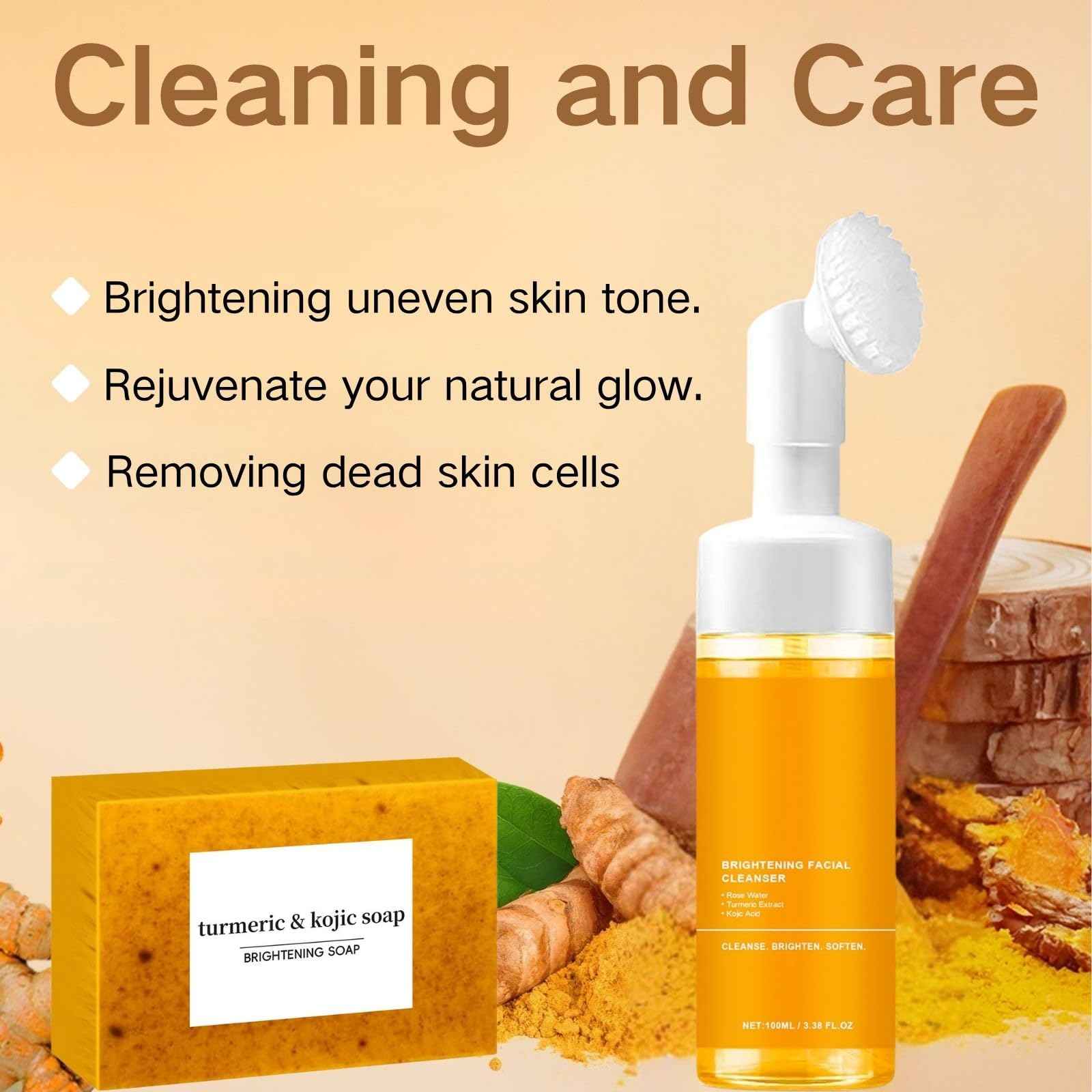 4PCS Turmeric Wash And Cleaning Care three piece kit,Tuemeric Facial Cleanser & Turmeric Soap Bar & Turmeric Face Scrub Pads, Cleansing Skincare Set,Turmeric Cleansing Skincare Set, Deep Cleansing