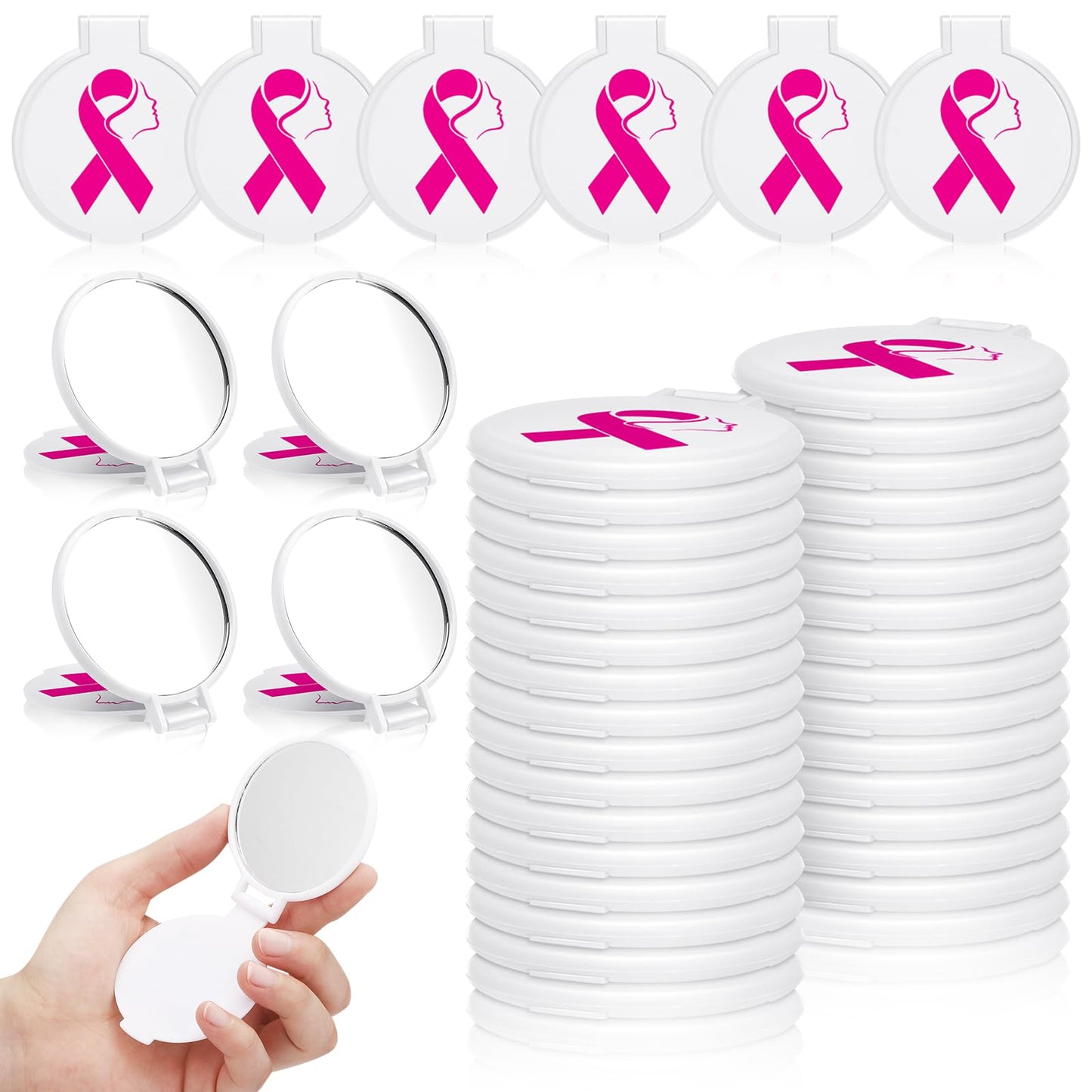 Huwena 100 Pcs Breast Cancer Awareness Accessories Gift Bulk White Pink Ribbon Breast Cancer Compact Mirror for Women Small Pocket Purse Round Portable Folding Makeup Mirror