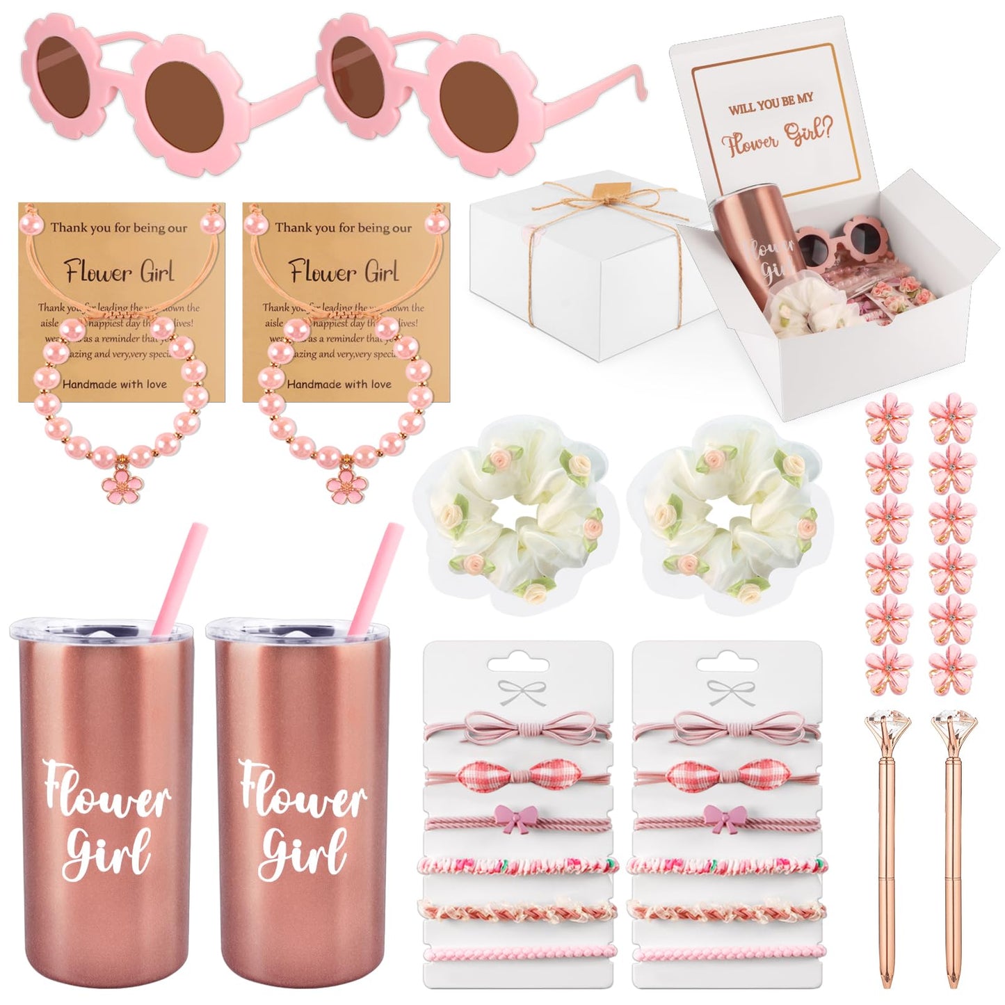 Mhoel 40pcs Flower Girl Proposal Gifts Set of 2, Rose Gold 12oz Tumbler Sunglasses Pearl Bracelet Diamond Pen Hair Ties Will You Be My Flower Girl Card Box