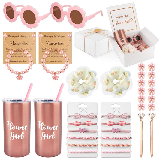 Mhoel 40pcs Flower Girl Proposal Gifts Set of 2, Rose Gold 12oz Tumbler Sunglasses Pearl Bracelet Diamond Pen Hair Ties Will You Be My Flower Girl Card Box