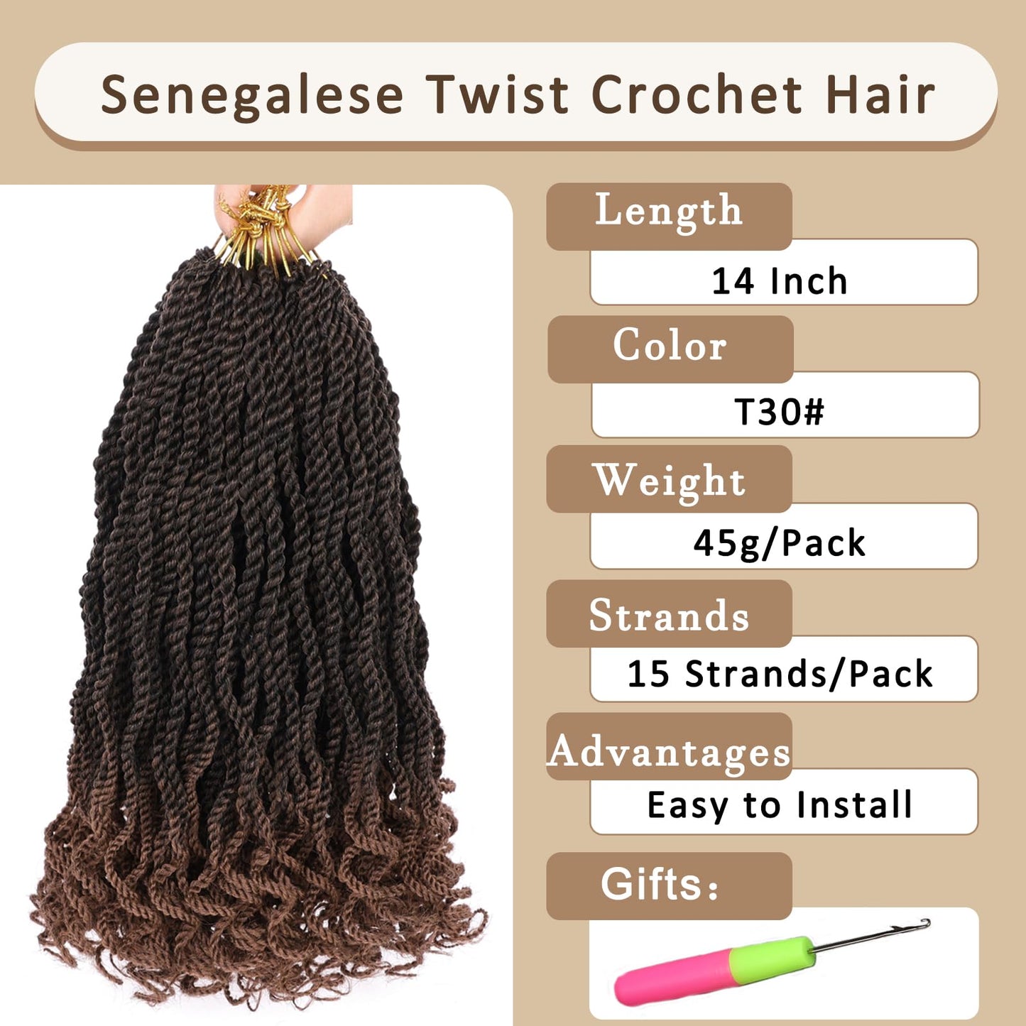 Kachanaa 14 Inch Senegalese Twist Crochet Hair for Black Women 8 Pack Short Pre Looped Crochet Braids With Curly Ends Pre Twisted Crochet Small Hair Synthetic Havana Twist Braiding Hair for Kids T30#