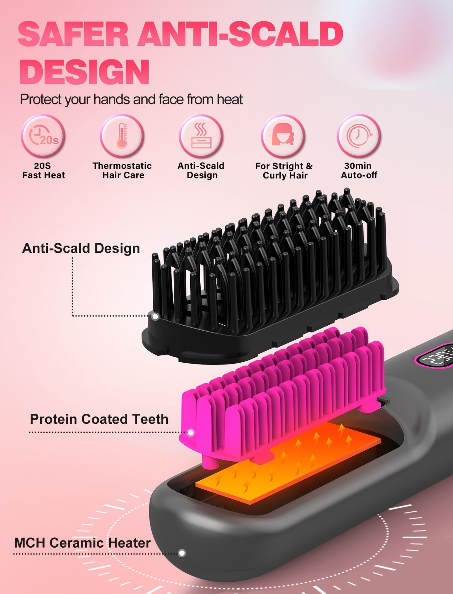 Cordless Hair Straightener Brush for Travel,Mini Hair Straightener Comb with Negative Ion,Portable hot Brush Hair Straightener for Women, Rechargeable 9600mAh Battery, Anti-Scald,12 Temp-Setting