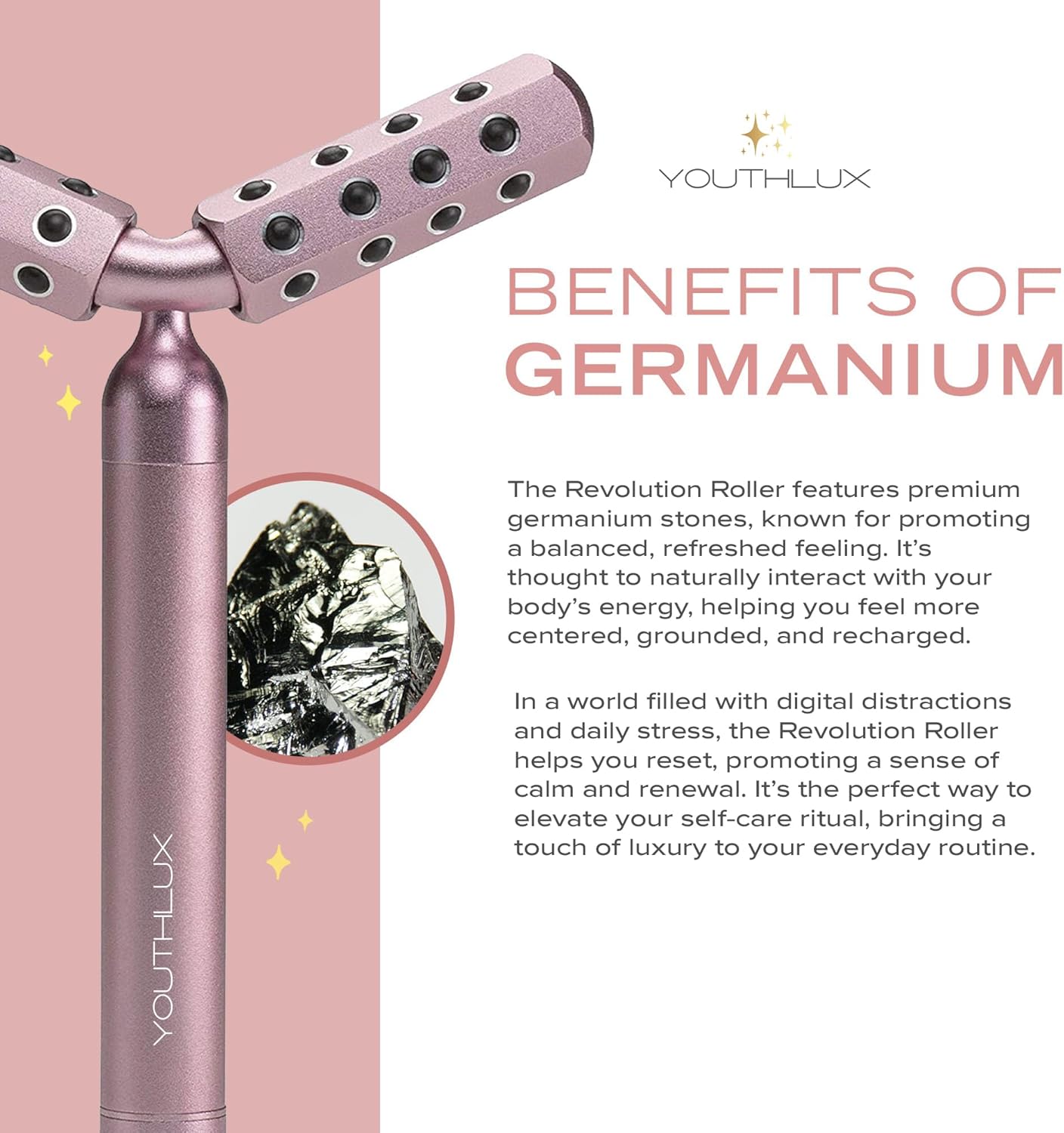 Germanium Stone Face Roller - Uplifting Beauty Tool for Skin Tightening, Firming & De-Puffing | Rose Gold