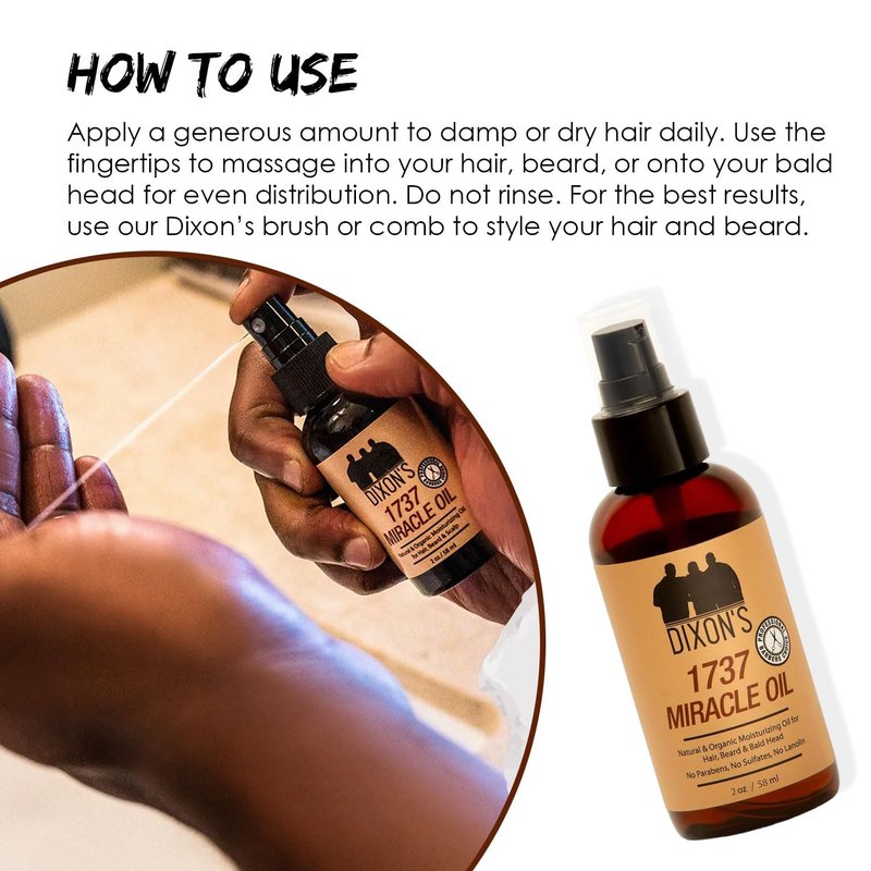Dixon's 1737 Miracle Oil, Natural Organic Beard, Scalp, Hair Oil for Softening, Shine, Breakage Reduction, Scalp Hydration Organic Nourishment (2 fl Oz)