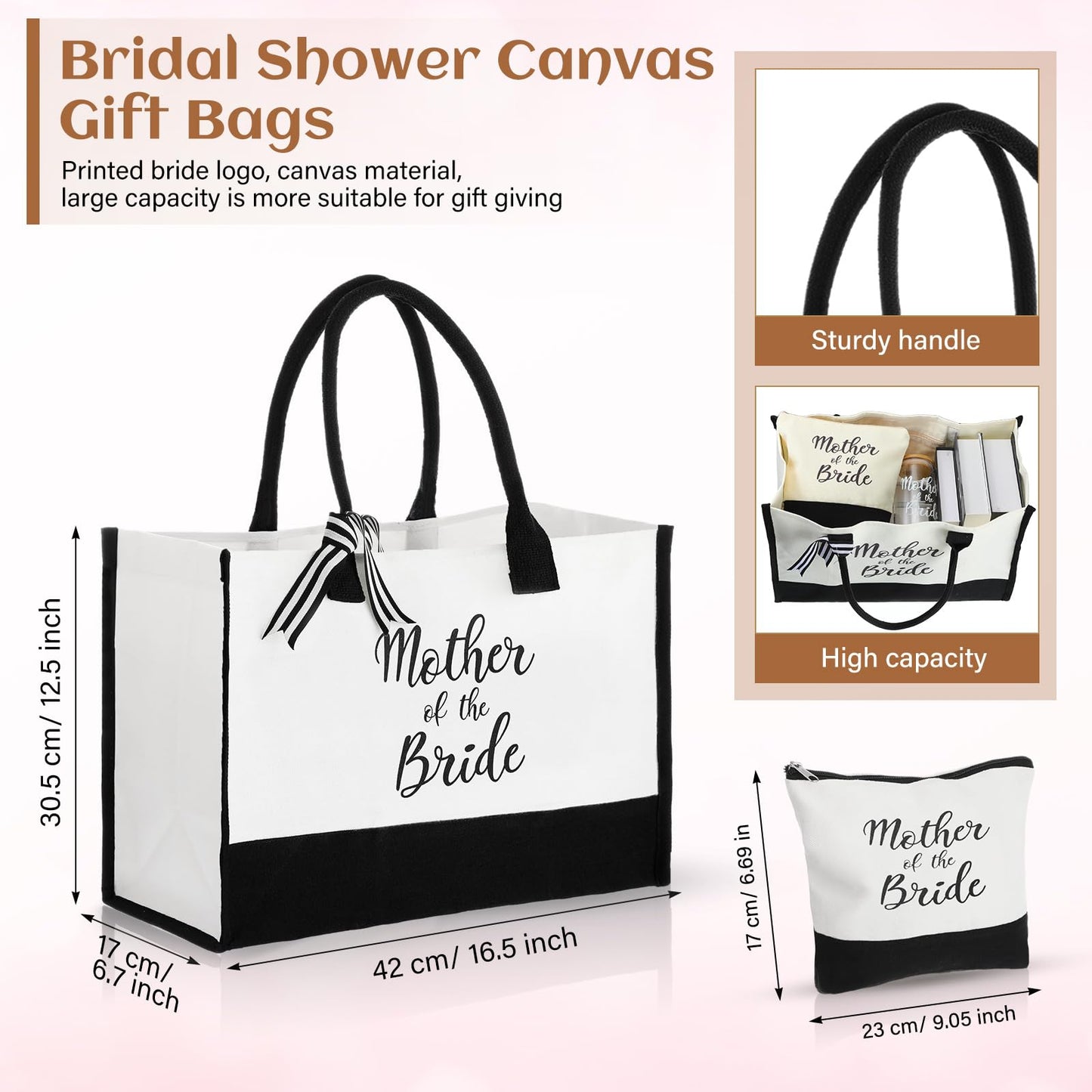 Zubebe 3 Pcs Mother of the Bride Groom Gifts Cup for Wedding Bridal Shower Include Glass Tumbler Canvas Tote Bag Makeup Bag(Mother of the Bride)