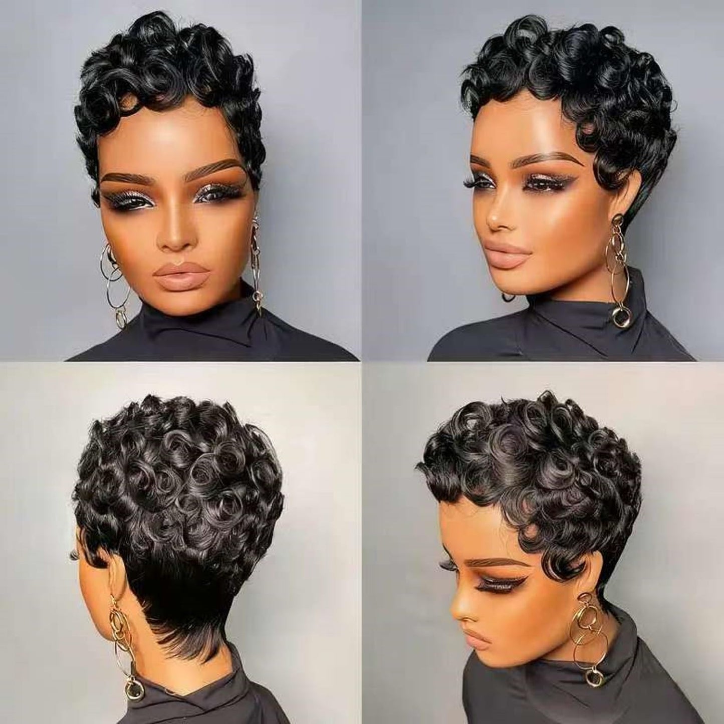 Rofa Beauty Pixie Cut Wig Human Hair Short Curly Pixie Wigs for Black Women Glueless Layered Brazilian Virgin Human Hair Wigs For Women Daily Use Black 1B Color