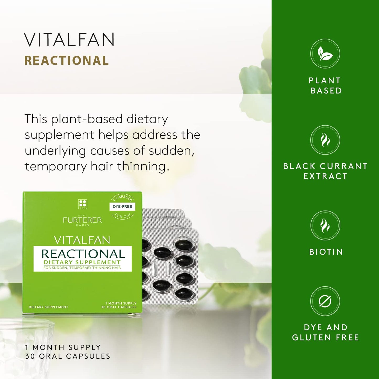 Rene Furterer VITALFAN Reactional Dietary Supplement - Sudden, Temporary Thinning Hair, Plant-Based, Biotin, Drug Free, 30 Count(Pack of 3)