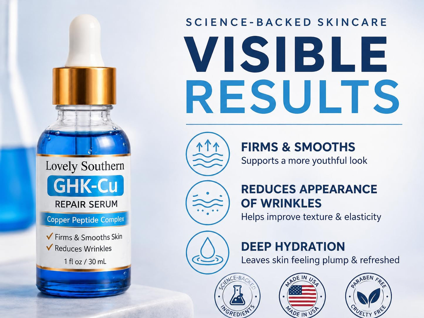 Lovely Southern 1.5% Copper Peptides GHK-Cu Anti-Aging Facial Serum for Fine Lines, Skin Elasticity, Made in USA, 1 Fl Oz