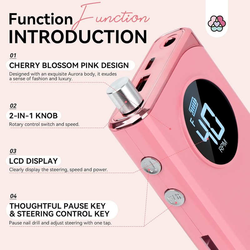 Professional Nail Drill - 40000RPM Rechargeable Electric Filer Kit | Pink, 6000mAh Battery for Acrylic Nails, Home Salon Use