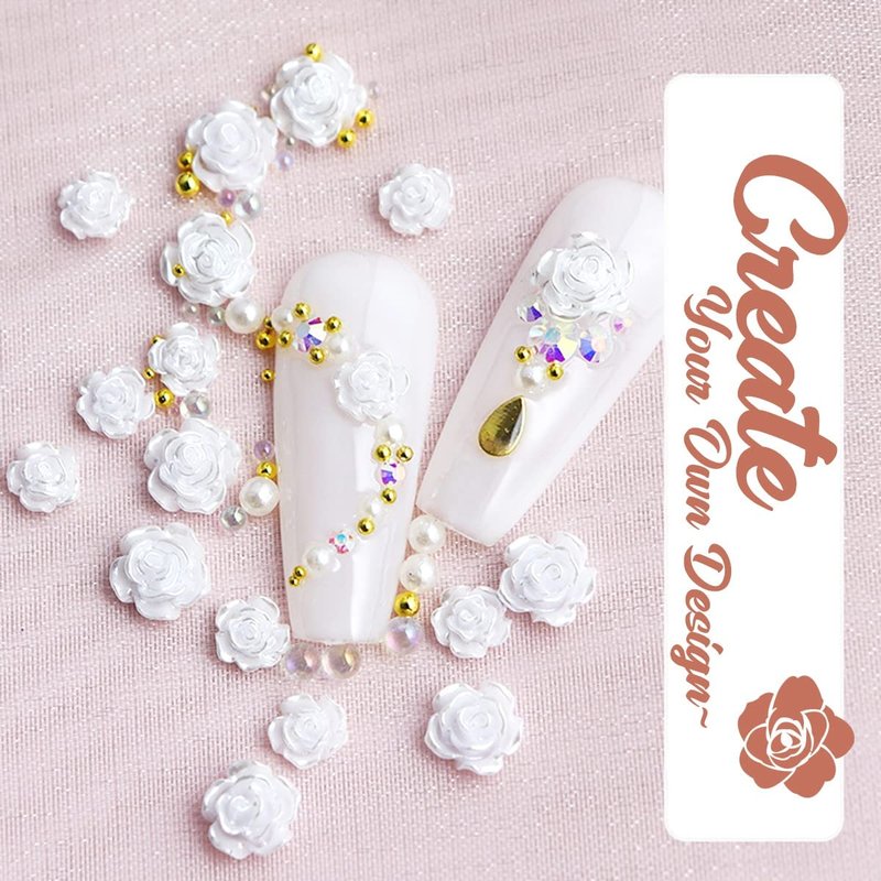 qiipii 2400pcs 3D Nail Art Kit Flower Nail Charms Resin Butterfly Bear Bow Charms White/Aurora Rose Golden Silver Metal Caviar Beads Half Pearls Rhinestones for Acrylic Nails Face Eyes Makeup Crafts