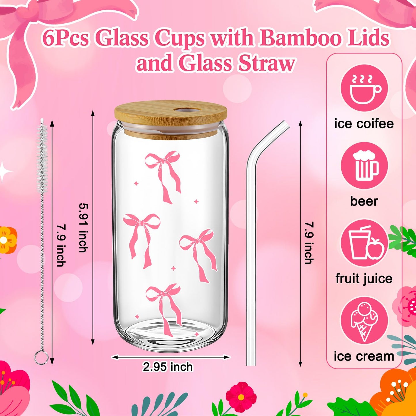 Reallnaive 18 Pcs Pink Bow Glass Cups with Lids Coquette Party Favors Bow Cosmetic Makeup Bag Pink Hair Scrunchies Ties for Pajama Party Bridesmaid Bridal Birthday Wedding Valentines Christmas Gift