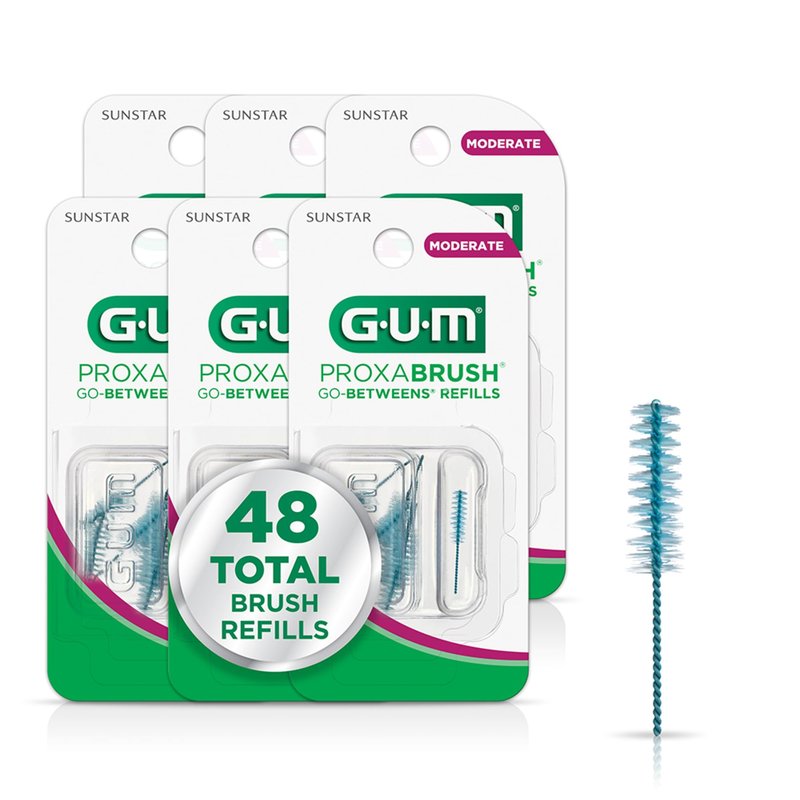 GUM Proxabrush Go-Betweens Moderate Refills – Compatible with GUM Permanent Handle, Soft Bristle Interdental Brushes for Plaque Removal, Gum Health & Braces Care, 8 Count (Pack of 6)