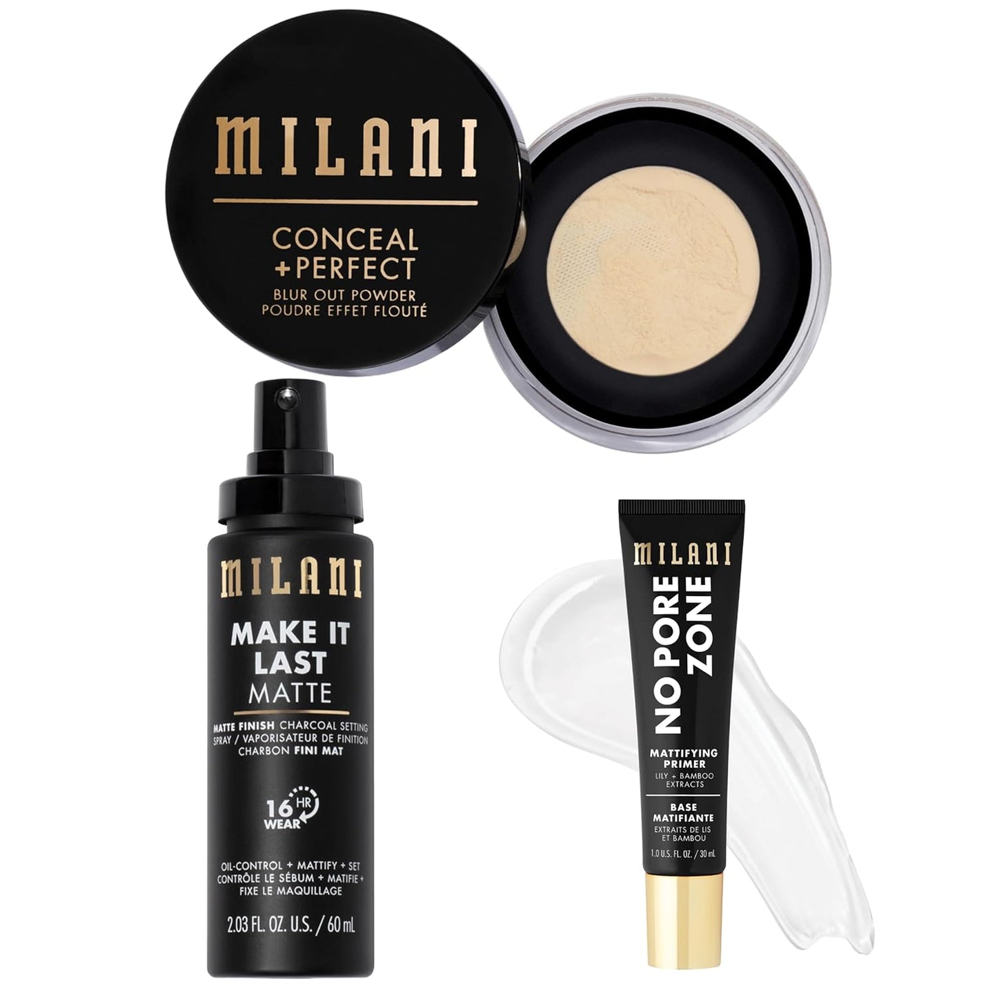 Milani Conceal + Perfect Blur Out Powder | Matte Setting Spray & No Pore Zone Primer Set