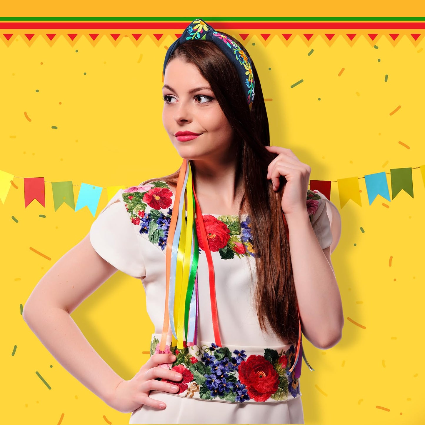 Hoteam 4 Pcs Mexican Embroidery Headband for Women Cinco De Mayo Embroidery Flower Stripe Knotted Wide Headband for Girls Party Gifts Outfit, Day of the Dead, Mexican Independence Day(Flower)