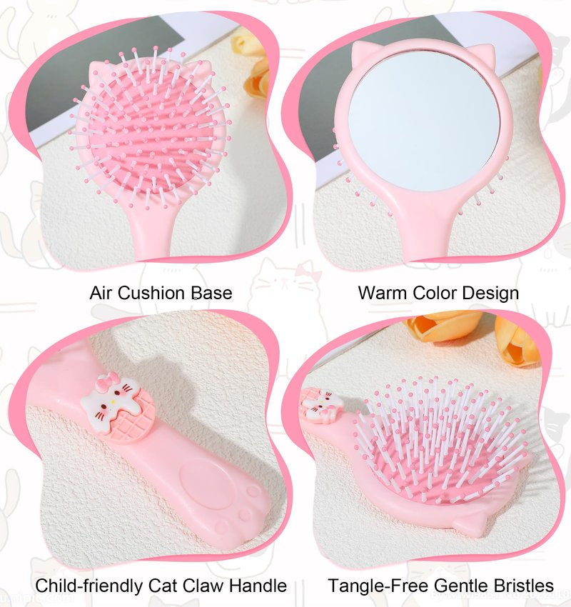 Toddler Detangler Brush, 2Pcs Kids Hairbrush with Cat's Paws Cat's Ears, Mirror and Air Cushion Base Gentle on Wet Dry Curly Hair, Tangle-free Baby Detangler Brush