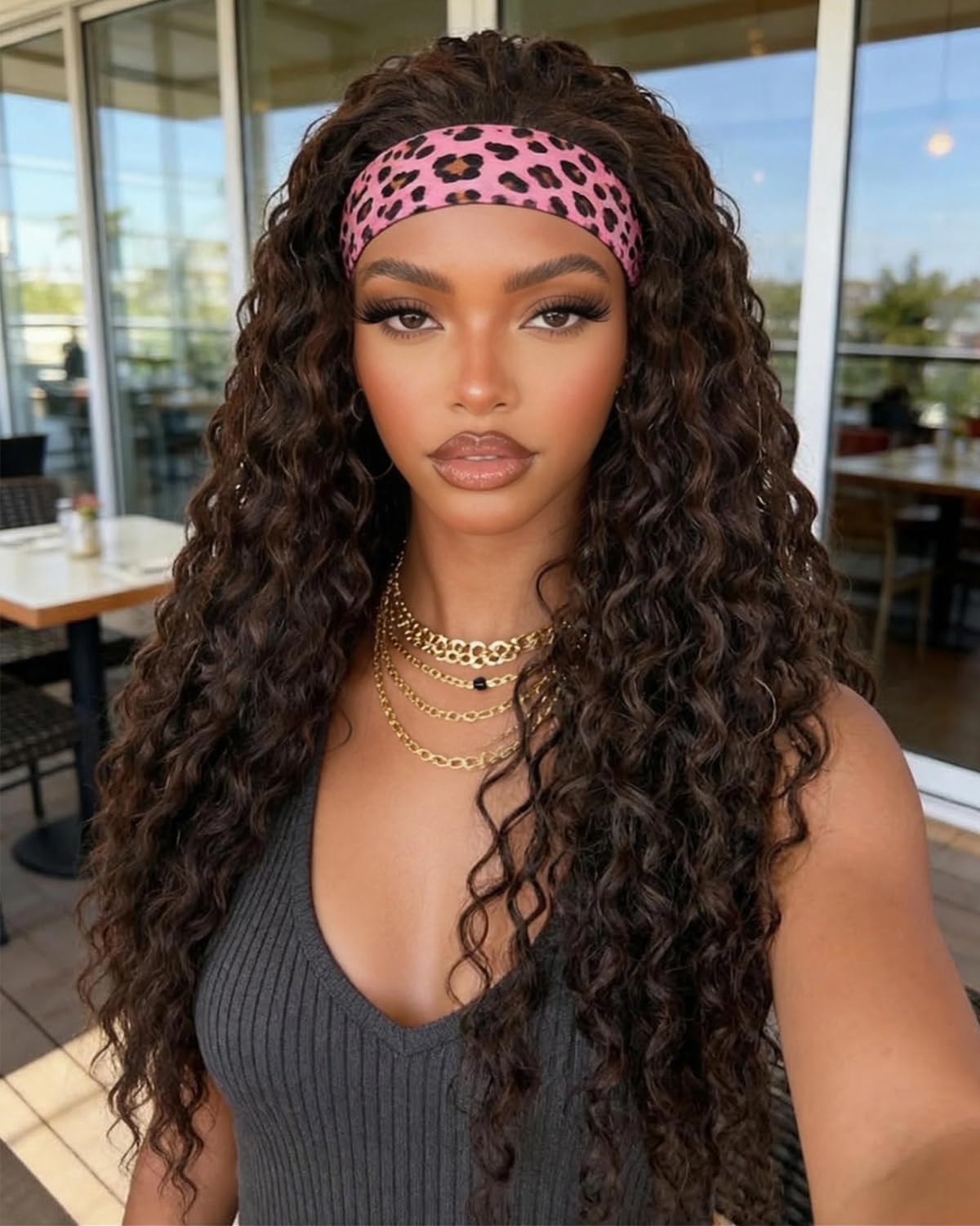 Emistar Curly Headband Wigs for Black Women Wet and Wavy Afro Headband Wig Water Wave Blend Human Hair & Synthetic Hair Ready to Go Glueless Half Wigs 180% Density (Natural Color-#4B, 16 Inch)