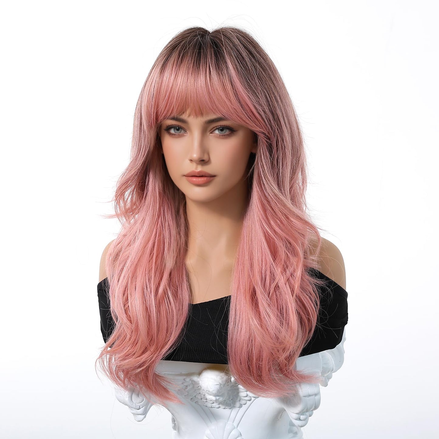 Osicapea Ombre Pink Wigs with Bangs for Women, Natural Wavy Curly Hair Woman Heat Resistant Synthetic Wig 22 Inch Long Wig for Women's Cosplay Costume Party Daily Use
