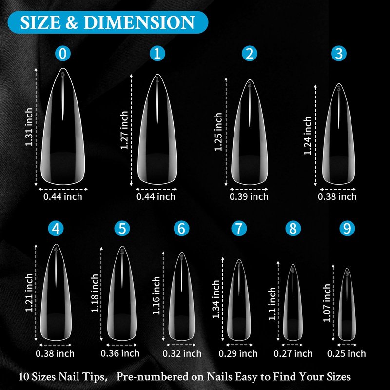 DAZHICN 500 PCS Stiletto Nail Tips, 10 Sizes Full Cover, Long Nail Tips for Nail Extension, Pre Shaped for DIY Salon (Clear Stiletto-500 PCS)