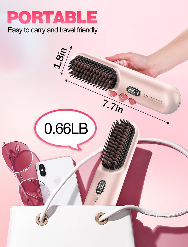 Portable Cordless Hair Straightener Brush for Travel,Mini Hair Straightener Comb with Negative Ion,Hair Straightener Brush Hot Comb for Women, Rechargeable 9600mAh Battery,12 Temp-Setting,Pink