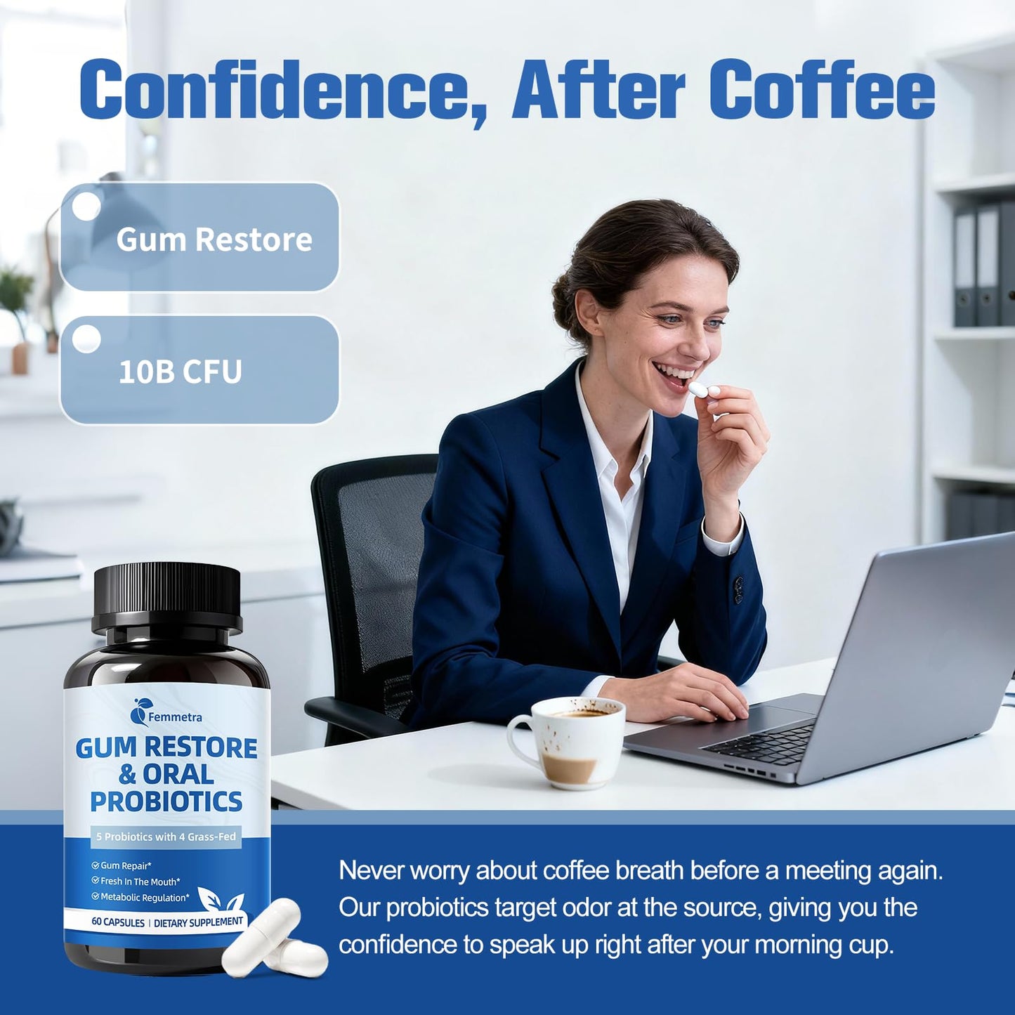 Femmetra Oral Probiotics for Mouth Bad Breath for Adults & Gum Support | Fresh Breath After Coffee with 10 Billion CFU, Grass-Fed Organ Complex | 60 Capsules