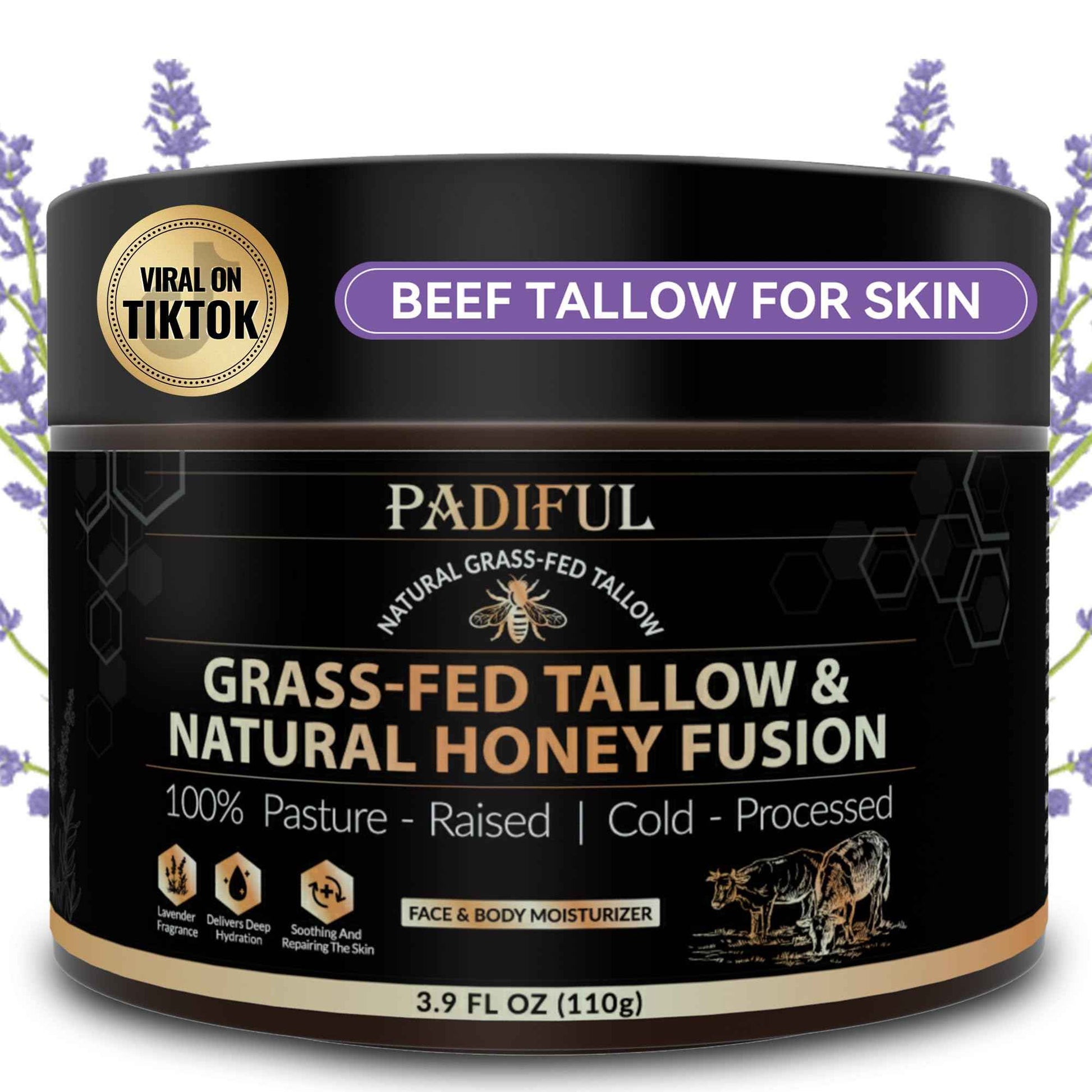 Beef Tallow for Skin - Homemade Beef Tallow and Honey Balm Moisturizer - Natural Grass - Fed Beef Tallow Skincare with Raw Honey Moisturizing Cream for Face Body Lotion Skin Care (3.9 OZ, Lavender)