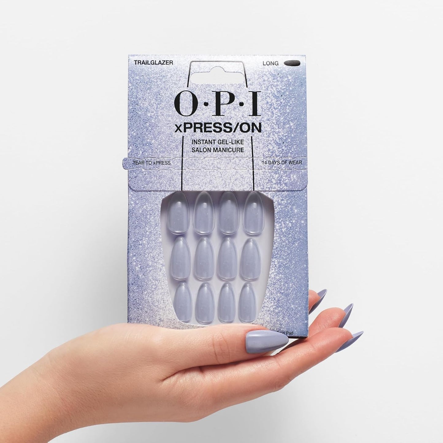 OPI xPRESS/ON Trailglazer | Velvet Blue Long Almond Press On Nails | With Nail Glue | Long Lasting, Reusable, Non-damaging
