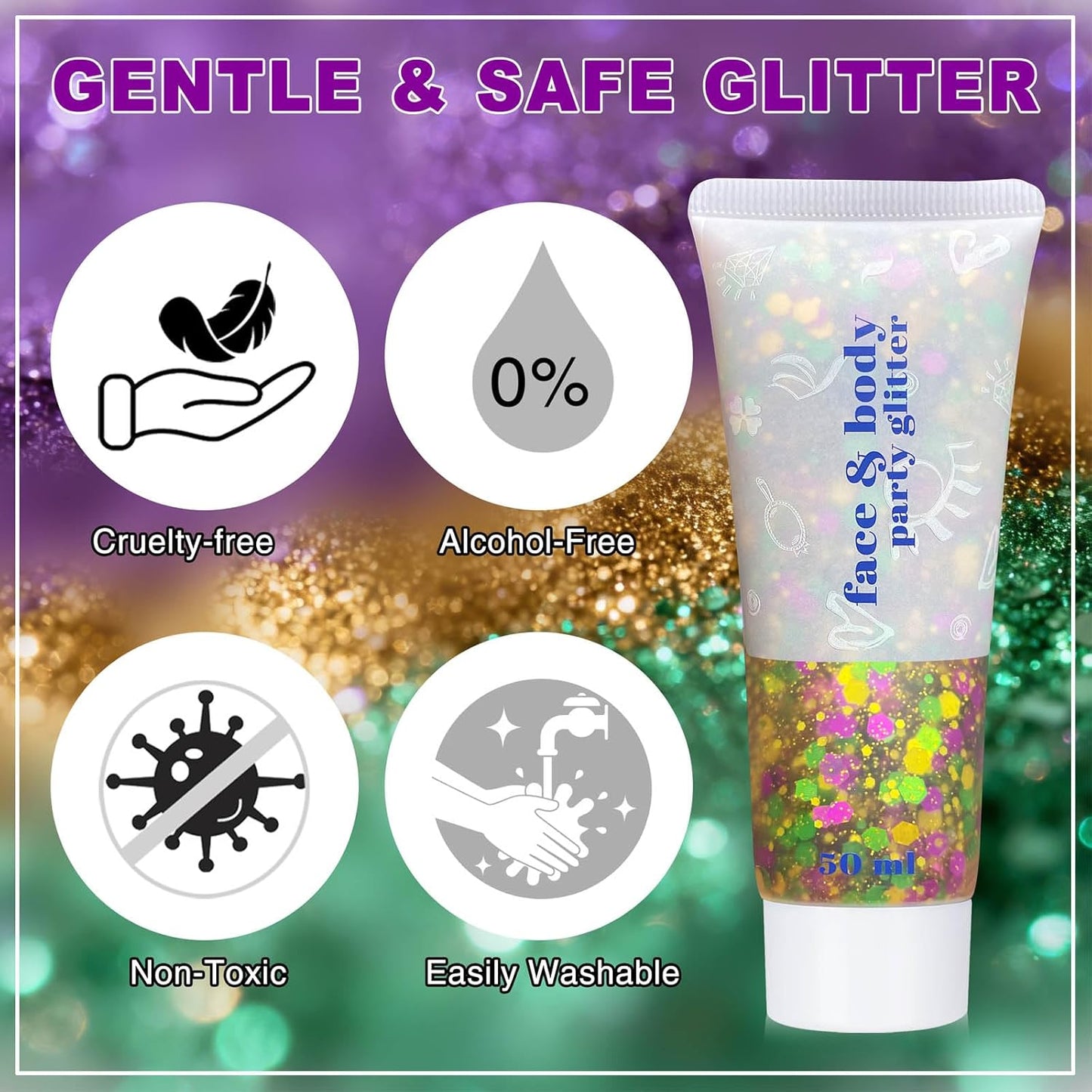 Face & Hair Glitter Makeup Set - Purple, Green & Gold for Mardi Gras | 10 PCS 7mm Bead Necklaces