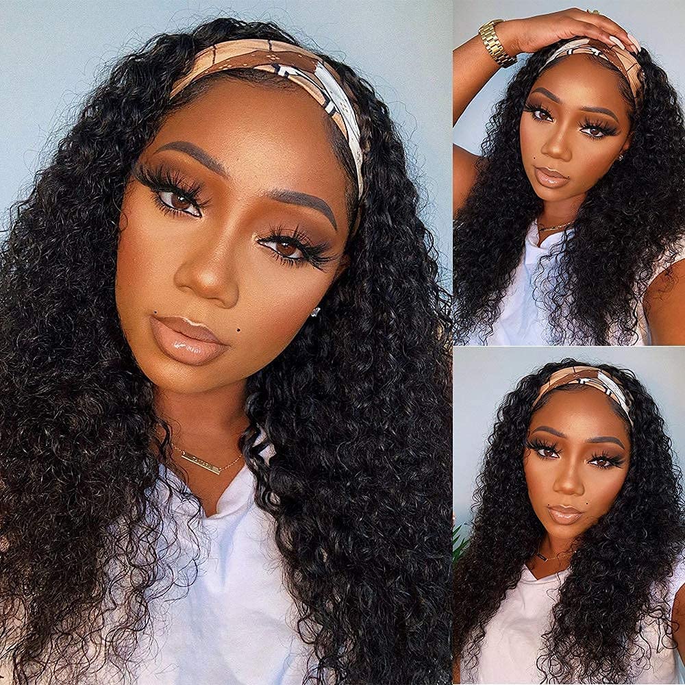 Aiterina Headband Wig Deep Wave Human Hair Virgin Hair Wigs 14 Inch None Lace Front Wigs for Black Women Deep Wave Machine Made Wig Natural Color