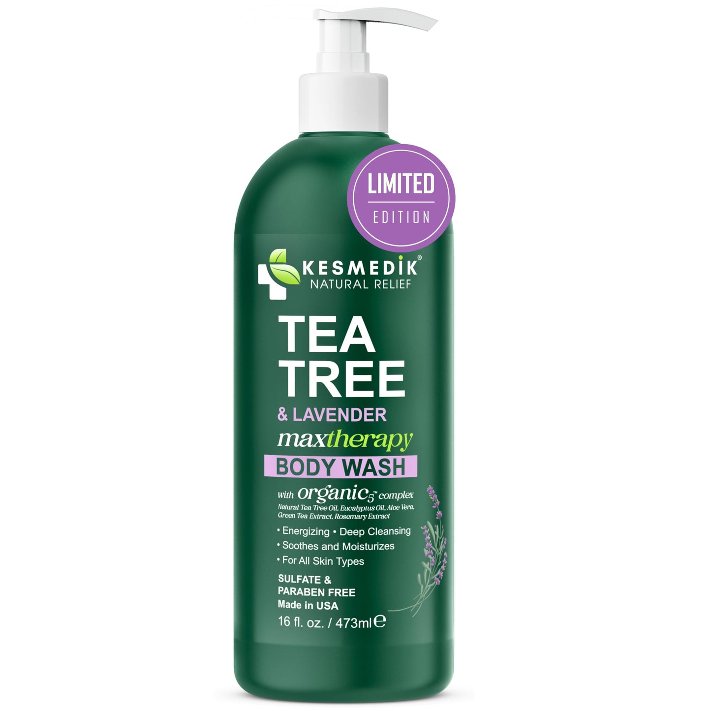 KESMEDIK Tea Tree Lavender Body Wash MaxTherapy, Itchy Skin Relief, Antifungal Defense, Fights Body Odor, Soothes Jock Itch & Athlete's Foot, Intimate Wash, Men & Women, 16 fl oz, Limited Edition