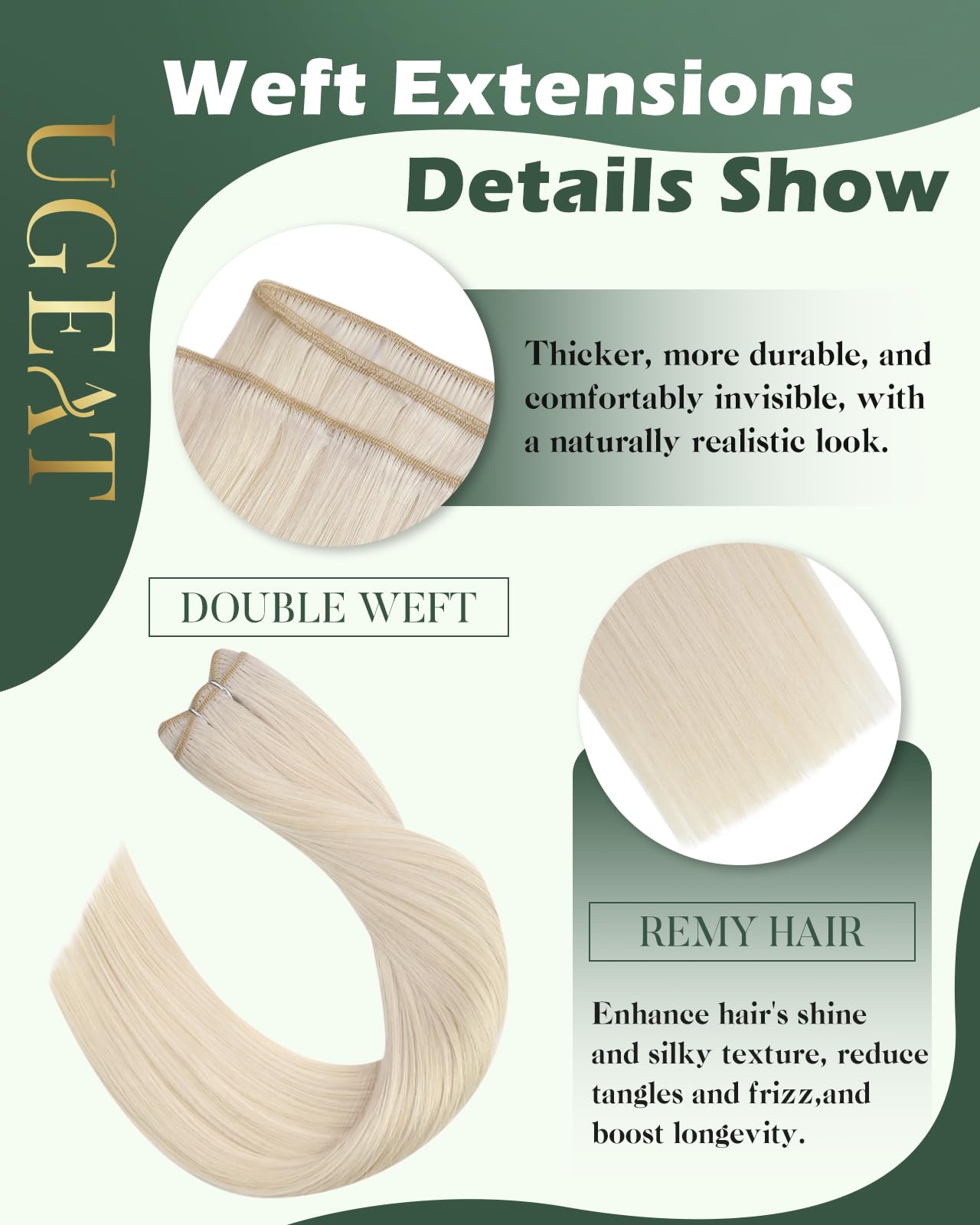 Ugeat Weft Hair Extensions Human Hair, Hair Extensions Sew in Blonde, Sew in Extensions 14 Inch 80g Platinum Blonde, for Short Hair