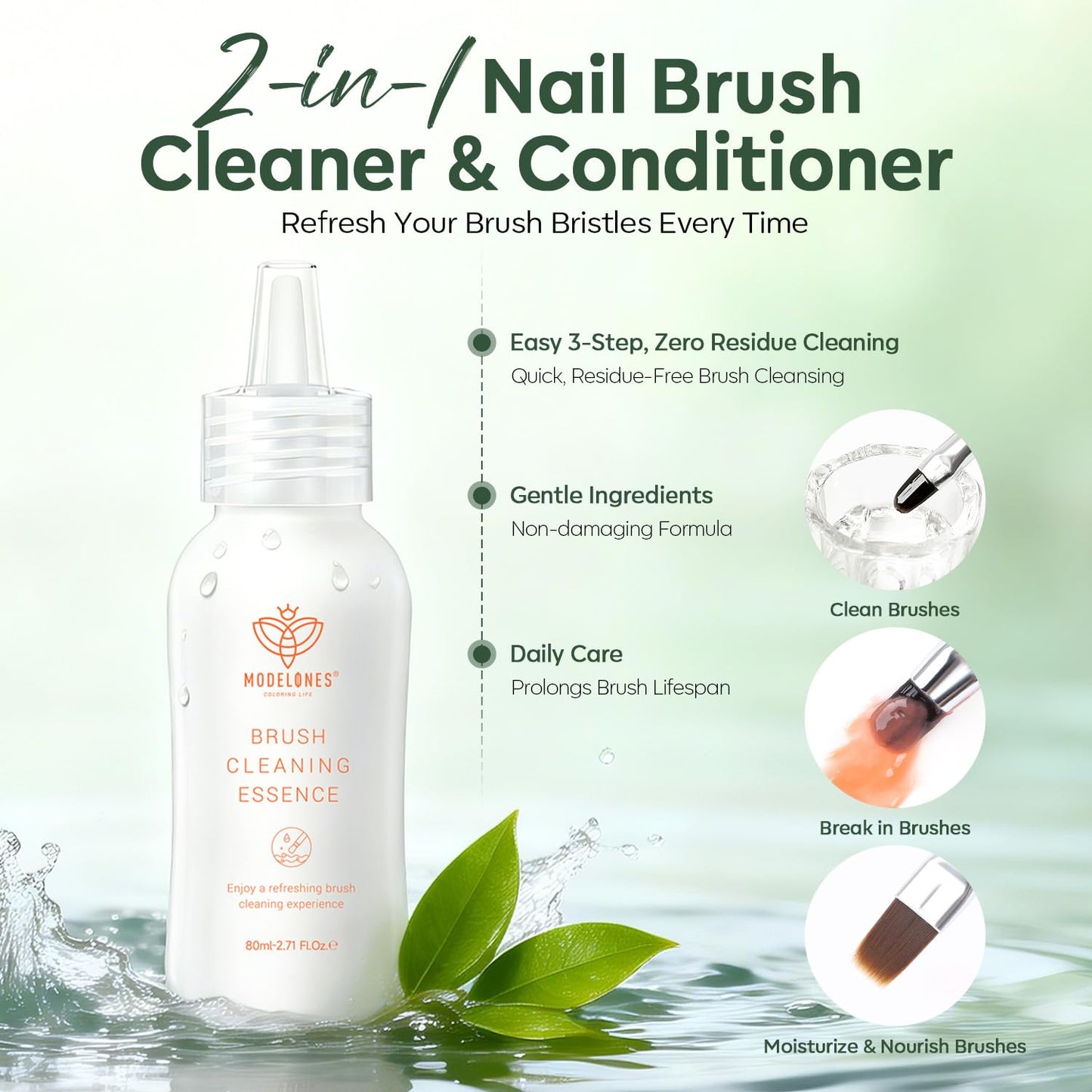 Modelones Nail Art Brush Cleaner & Restorer 80ml/2.71 Fl.Oz for Gel Polish/Nail Extension Gel/Nail Art Liner/Dip Powder/Acrylic Builder Manicure Brush DIY Salon at Home