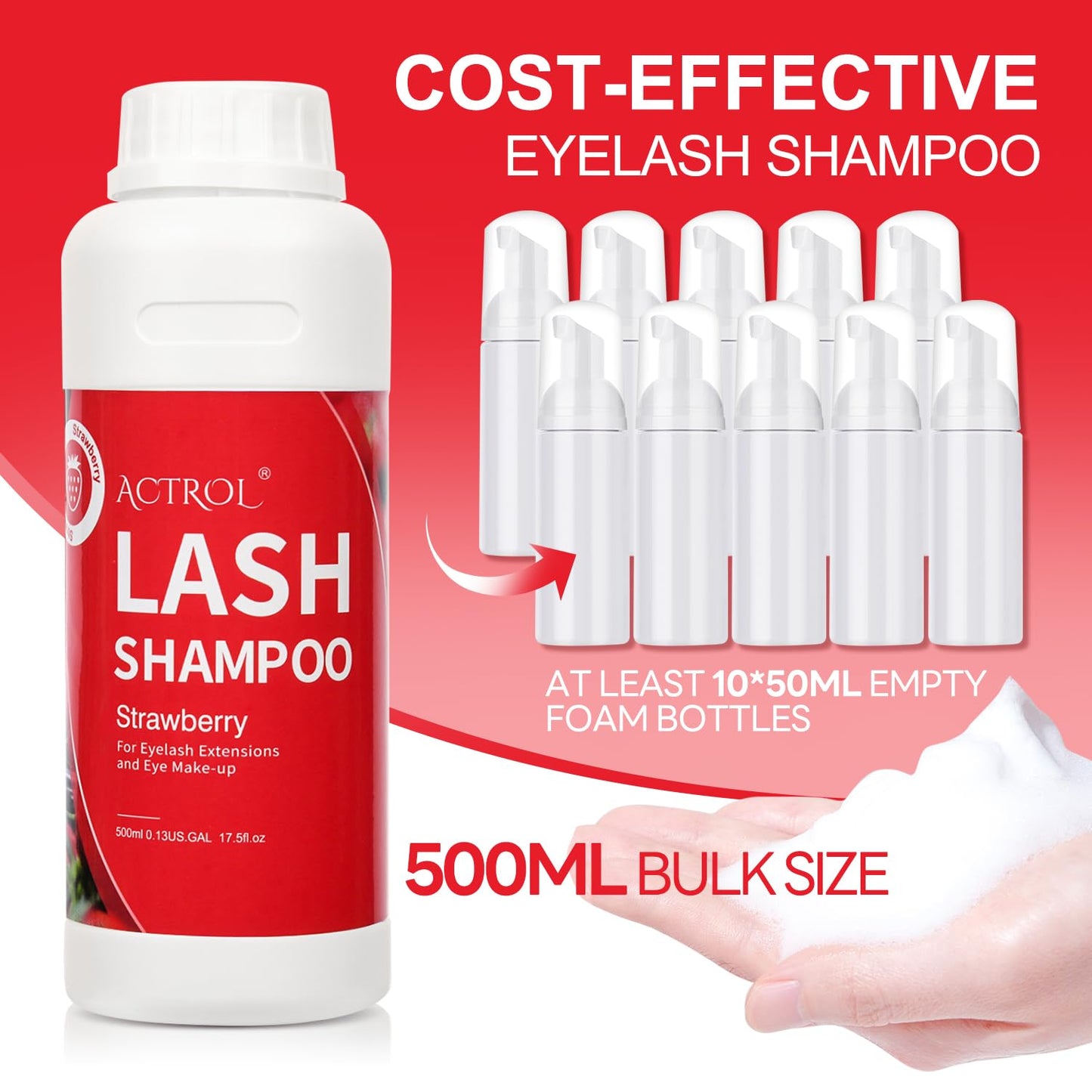 ACTROL Eyelash Extension Cleanser 500ml Strawberry Natural Lash Extension Shampoo Professional Eyelid Foaming Cleanser Paraben & Sulfate Free Non-lrritating with Salon and Home Care