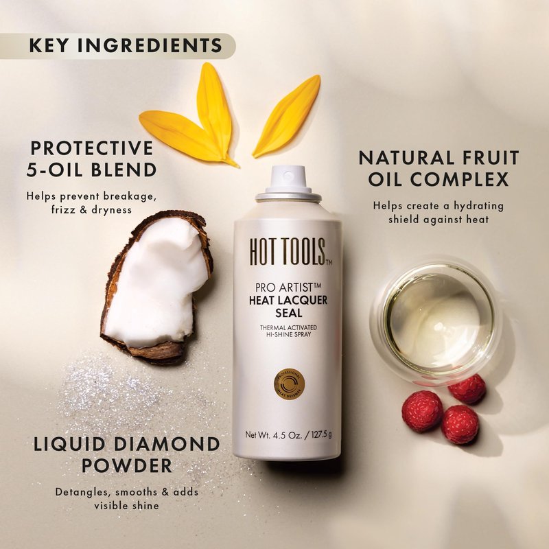 HOT TOOLS Heat Protectant Hi-Shine Spray | Instantly Makes Hair Shinier, Minimizes Frizz & Gives Hair a Lacquered Finish | Protects Hair from Heat Damage without Use of Silicones