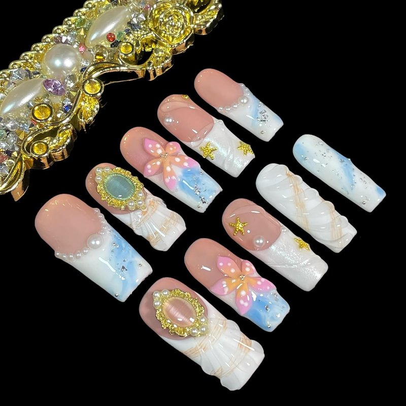 Handmade Press On Nails - Pink 3D Floral & Gold Decor | Medium Long Square Reusable Acrylic Tips (Petal Mirage, Size S)