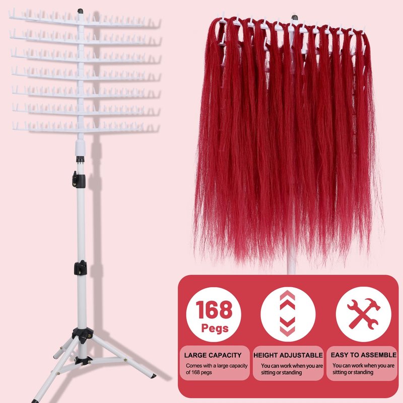poipoilu Height Adjustable Braiding Hair Rack 168 pegs, Dual-use Braid rack with Clamp (White)