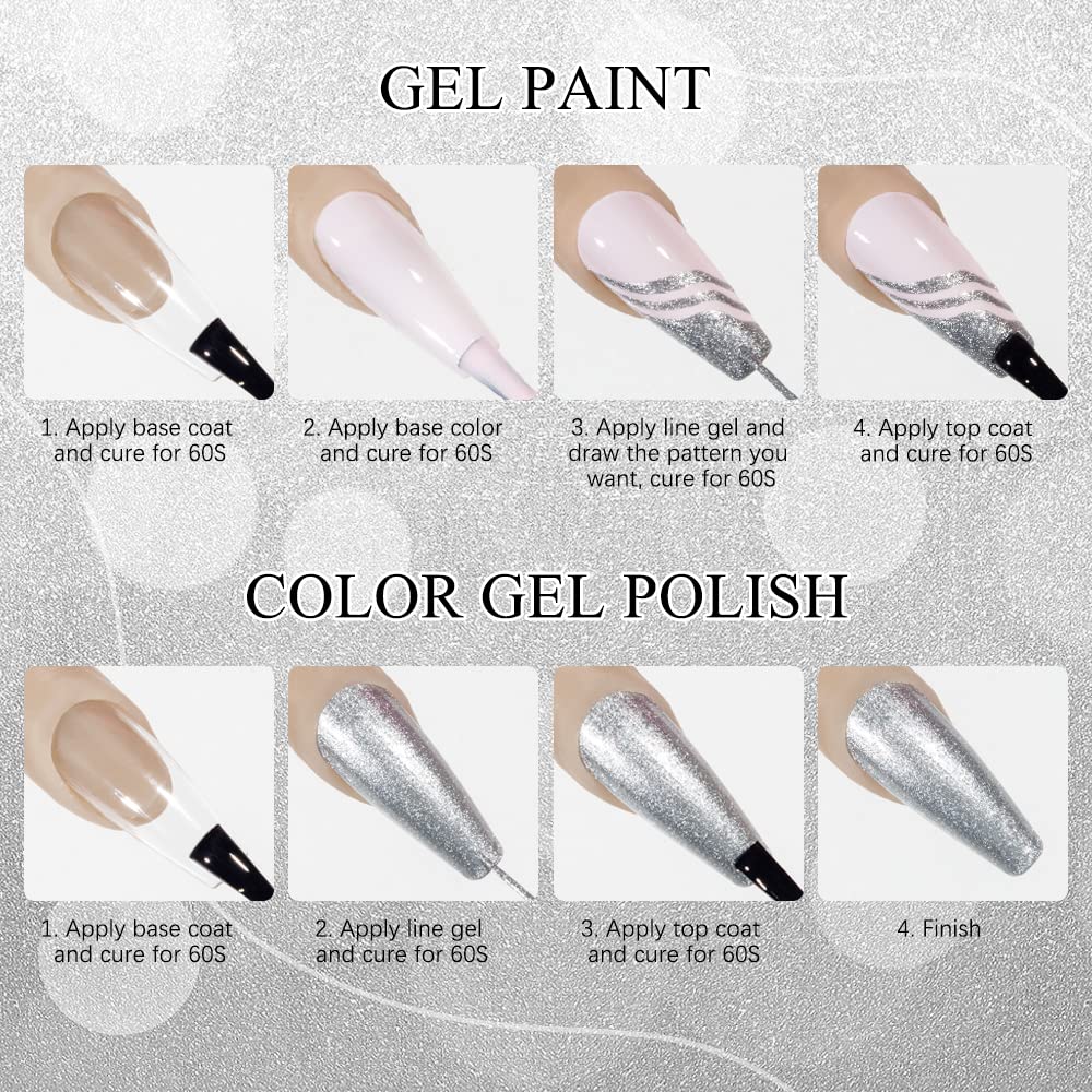 MIZHSE Gel Liner Nail Art Paint Set - 4 Pcs Glitter Silver & Gold for Stunning French Designs | Soak Off Manicure