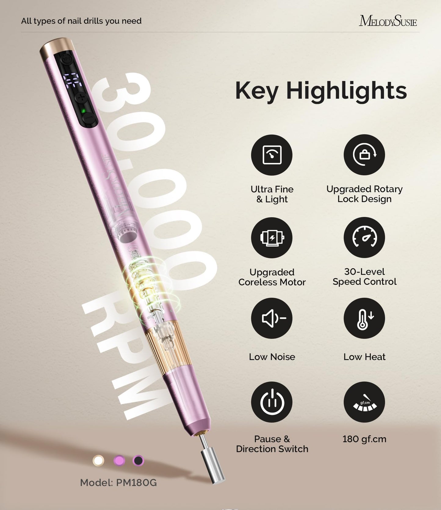 MelodySusie Pen-Shaped Ultra-Slim Cordless Nail Drill,PM180G 30000RPM Portable Rechargeable Electric File with Rotary Lock Design for All Manicure,Shaping & Acrylic Gel Removal for Advanced Home Use