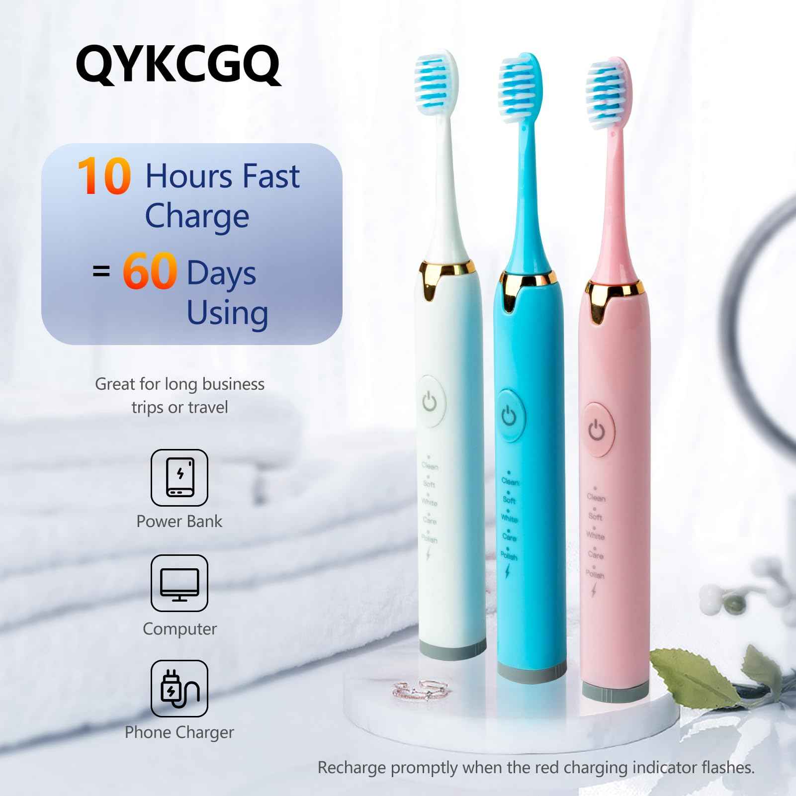 QYKCGQ Portable Adult Travel Electric Toothbrush, Rechargeable Sonic Electric Toothbrush with 3 Brush Heads, 2 Minutes 5 Modes Smart Timer, 48000vpm (Blue