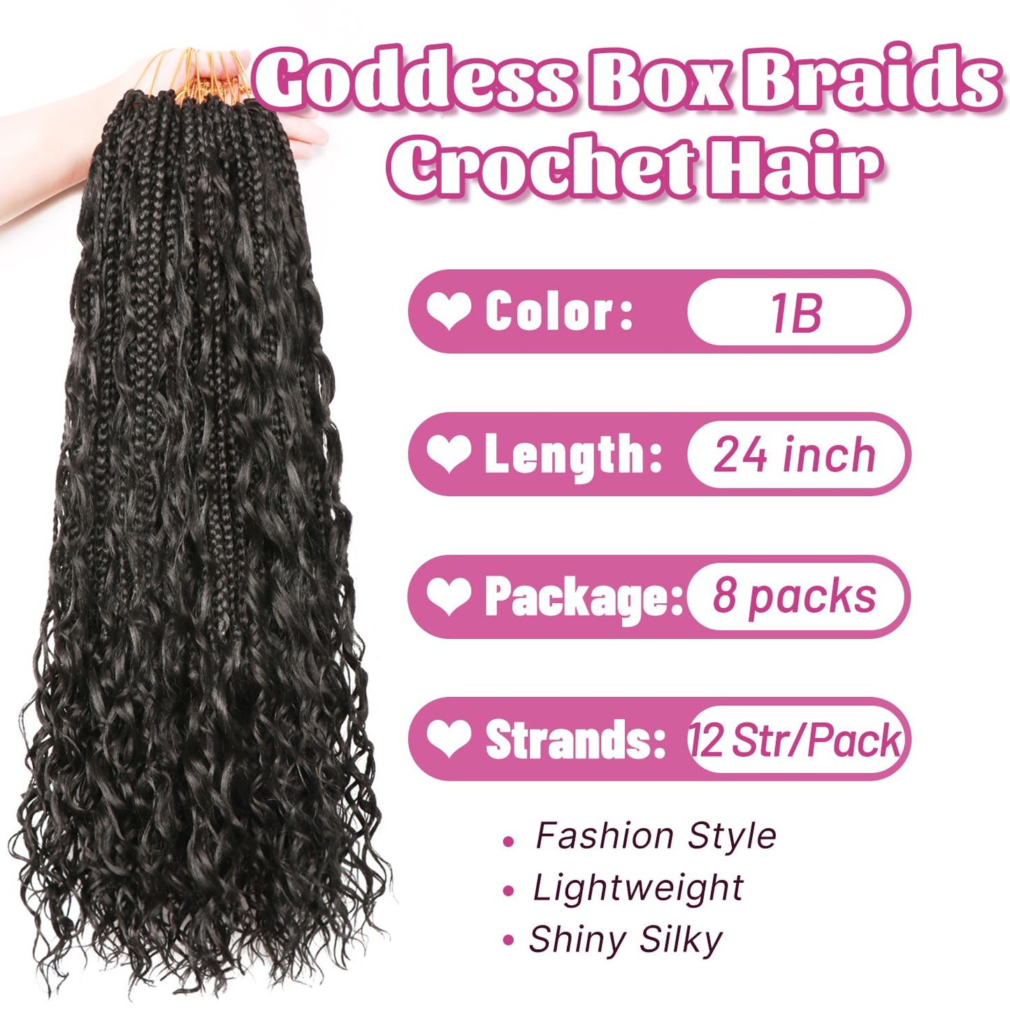Goddess Box Braids Crochet Hair for Black Women-8 Packs 24 Inch Boho Crochet Braids Pre Looped with Curly Ends (T1B/30, 24 inch(four curly hair))