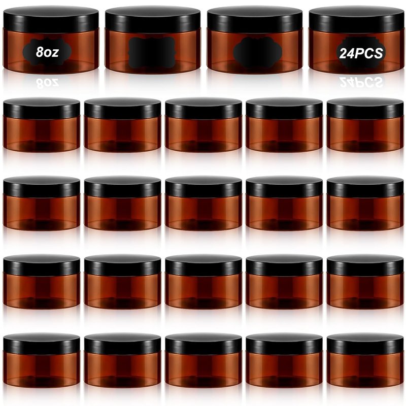 24 Pcs 8 oz Amber Plastic Jar Containers - Refillable Round PET Jars for Lotion, Cream, Makeup Storage | Ideal for Travel