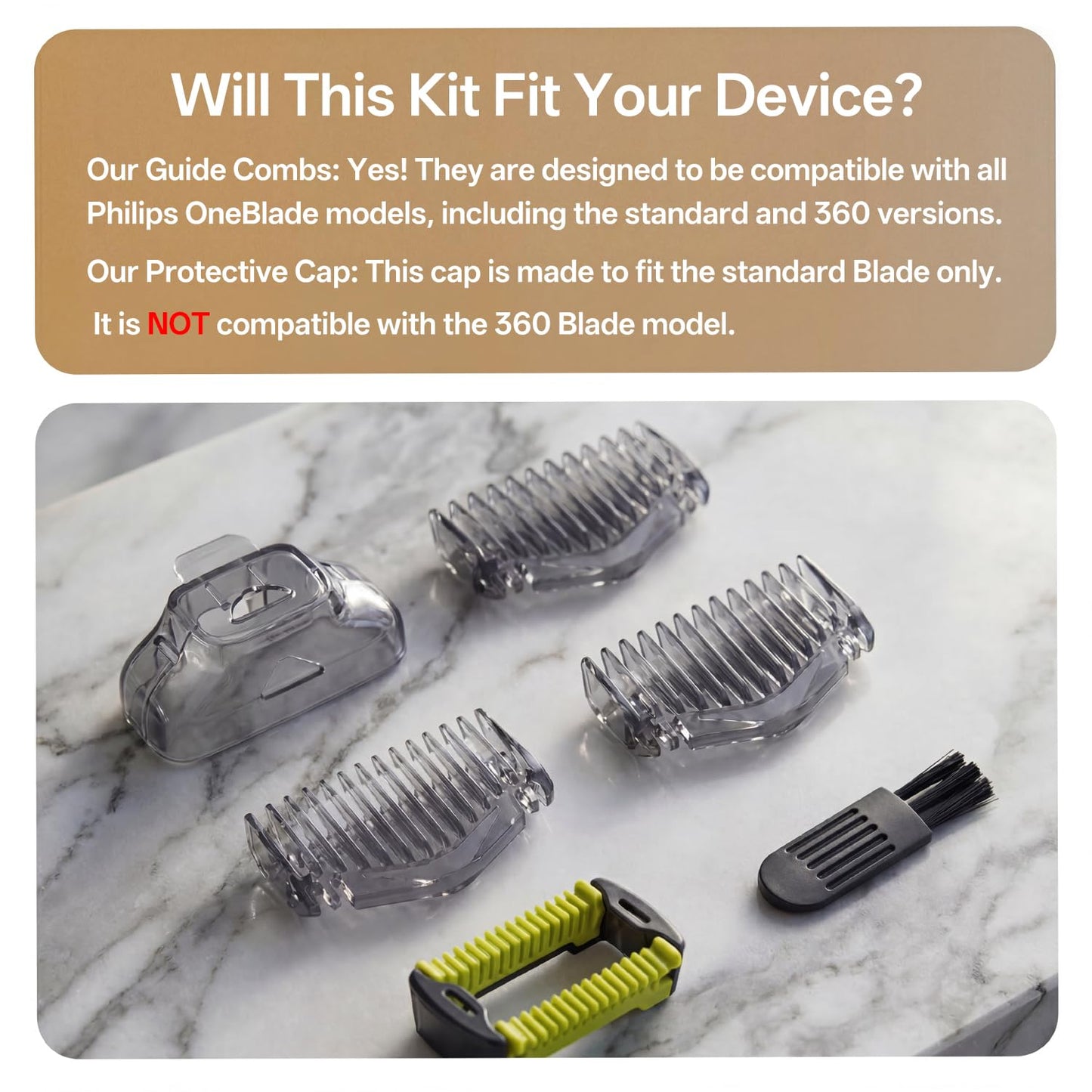 KIONCARE Guards Kit Plus for Philips Norelco OneBlade, 1-6mm Guide Combs, Replacement Body Comb, Protective Cap and Organizer Stand