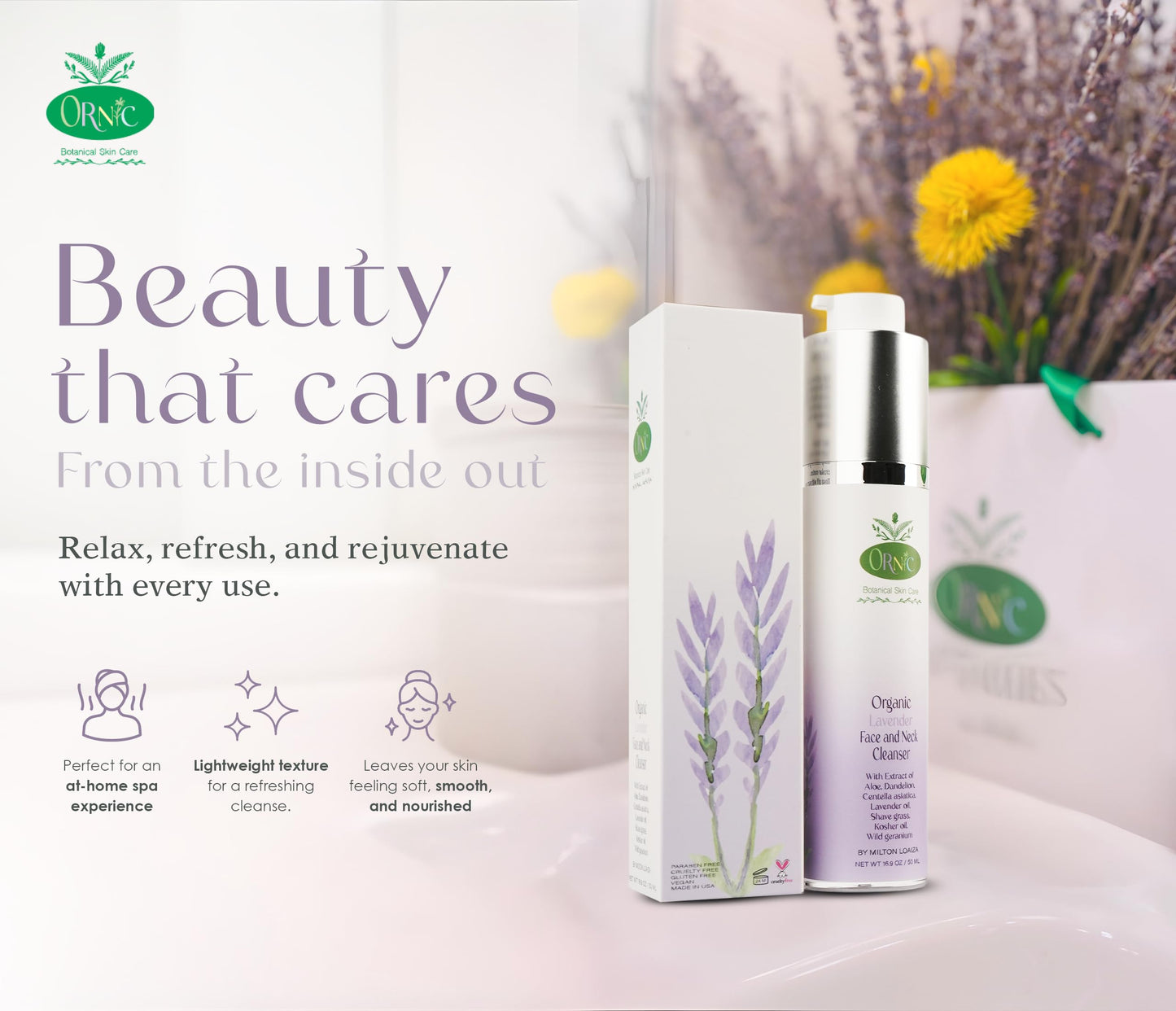 Organic Lavender Face Cleanser - Calming wash for Sensitive & Delicate Skin - Vegan, Natural, Gentle, Hydrating - Makeup Remover with Aloe Vera & Centella Asiatica - Anti-aging care, purifies, 50 ml