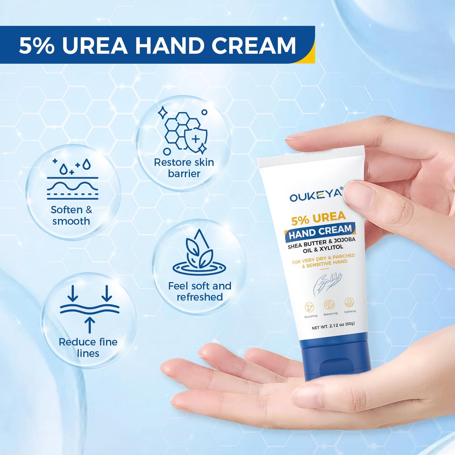 OUKEYA Urea Hand Cream - With 5% Urea Deep Nourishment for Hands, Fast-Absorbing Hydration for Soft Skin with Jojoba Seed Oil & Shea Butter - Perfect Travel Size for On-the-Go Care