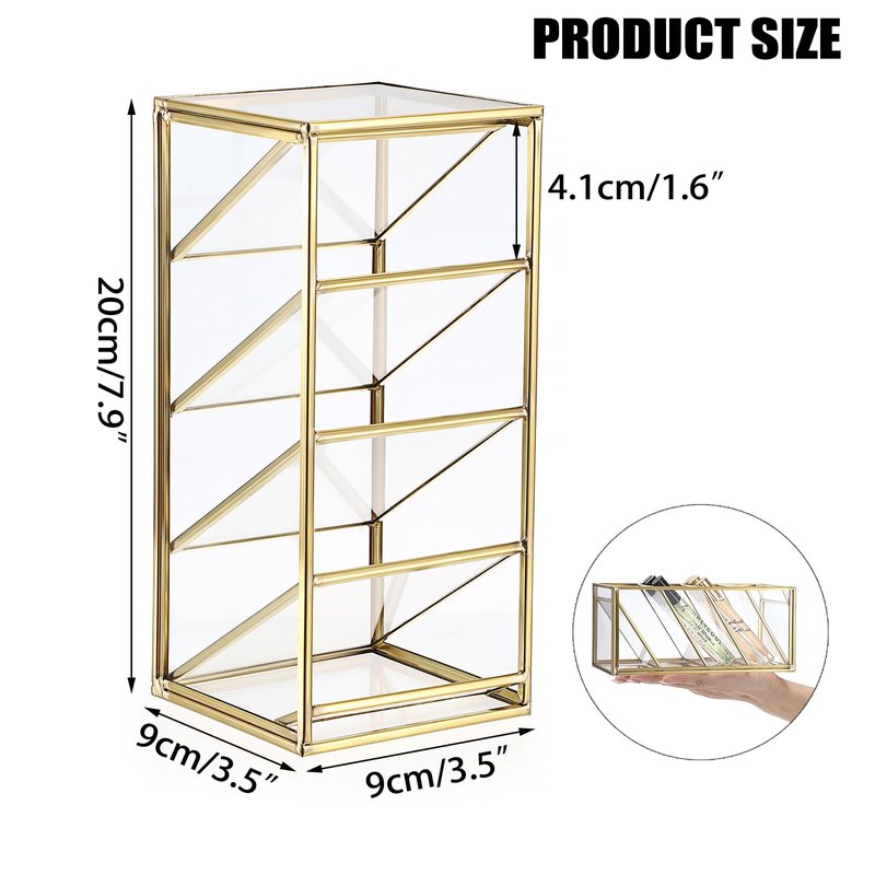 ELLDOO Rollerball Perfume Organizer, 4 Compartment Clear Glass Perfume Storage Holder Vintage Beauty Scent Holder, Metal Makeup Lipgloss Lipstick Display Case