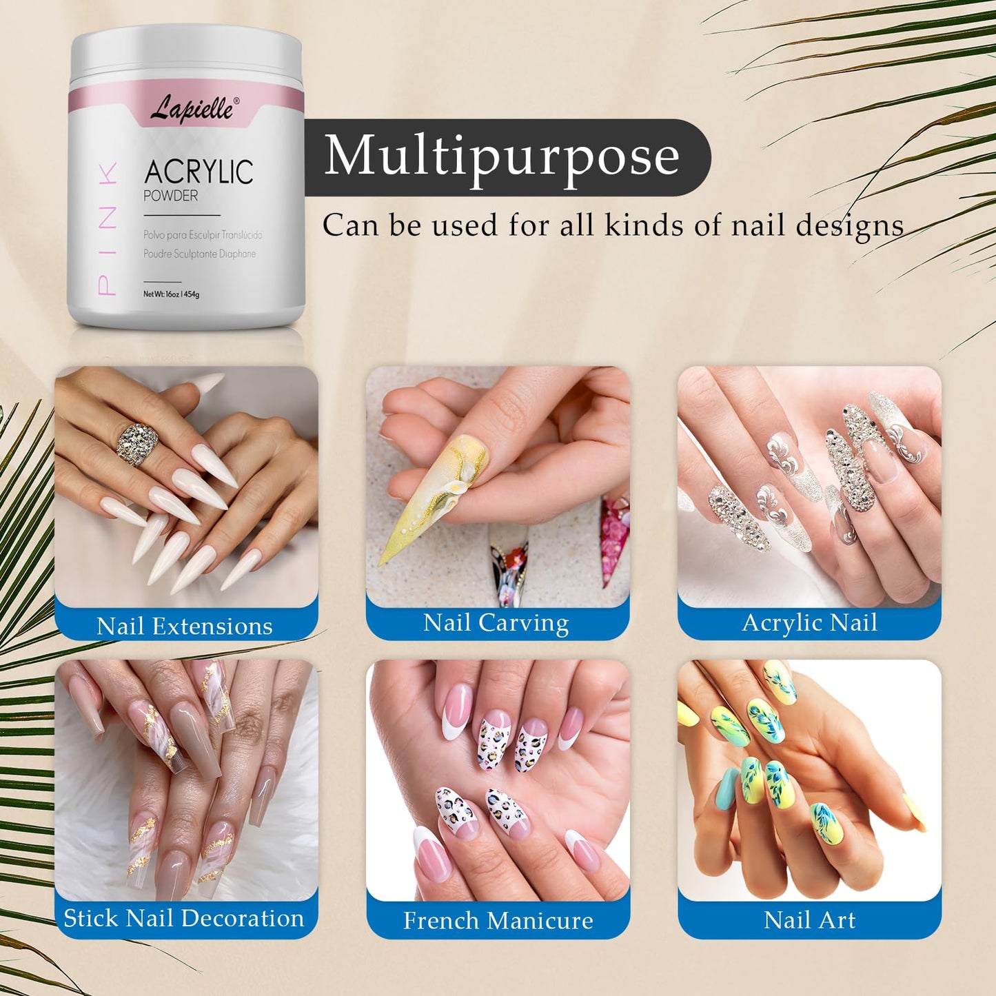 Lapielle Professional Acrylic Powder for Nail Art. Long-lasting, Large capacity and quick dry. Quality Salon Manicure Nail extension (16oz - 1lb - 454g) PINK