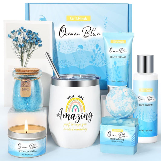 Birthday Gifts for Women, Ocean Scented Relaxing Spa Gift Baskets for Women Mom Her Wife Sister Friends Coworker Employee, Self Care Bath and Body Gift Set for Mothers Day Birthday Inspirational Gift