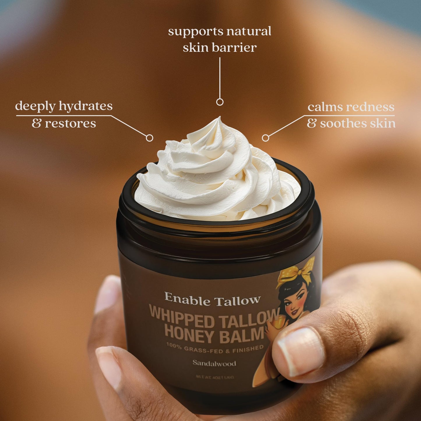 Enable Tallow Face & Body Cream – Whipped Beef Tallow & Manuka Honey Balm for Dry Skin, Eczema & Sensitive Skin – Natural Moisturizer, Sandalwood Scent, 4oz